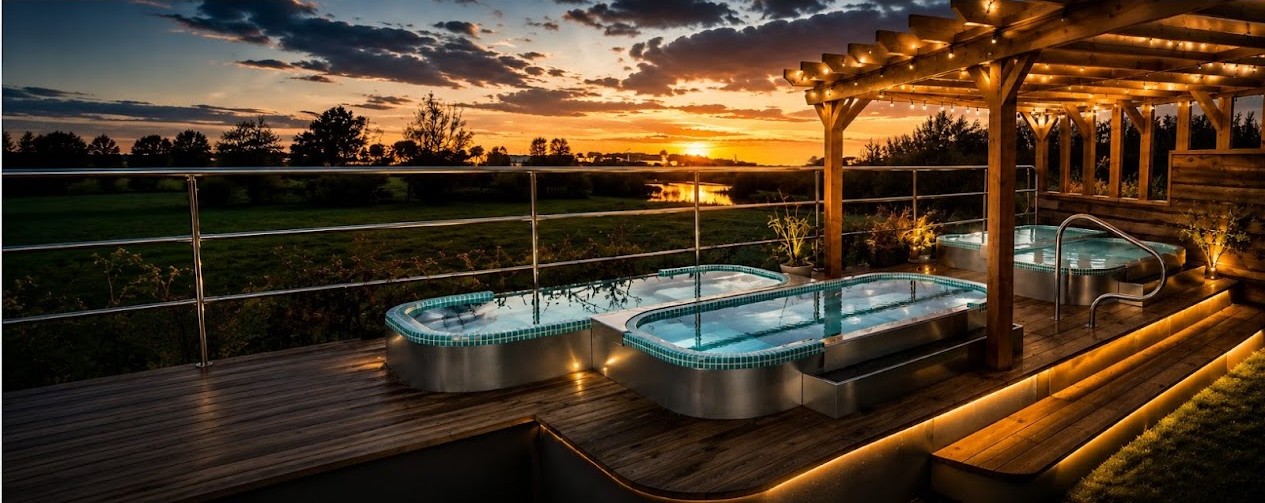 Royal Pearl Pools luxury hydrotherapy pool at dusk