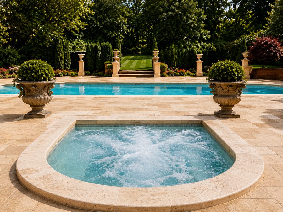 Formal estate pool and spa with classical urns