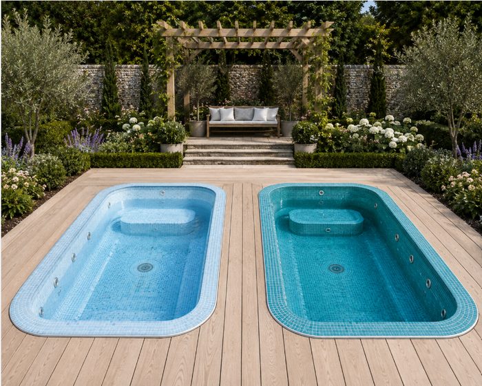 Tile colourway comparison, blue and teal hydrotherapy pools