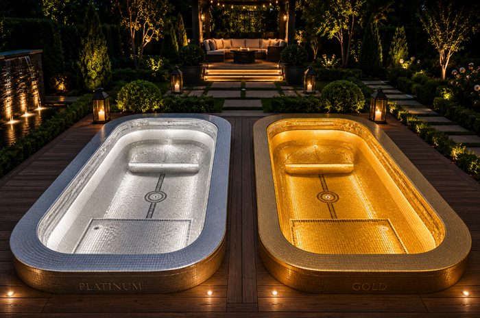 Platinum and gold finish hot tubs side by side