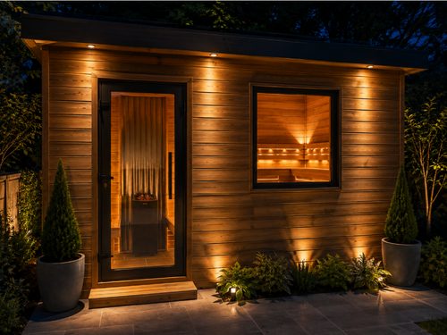 Sauna exterior with warm cedar glow at night