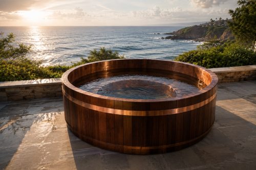 Copper-rimmed cedar hot tub overlooking the ocean at sunset