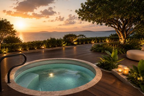Round hot tub with sunset sea view